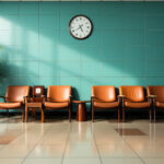 Eine Stuhlreihe in einem Wartebereich, an der Wand hängt eine Uhr.