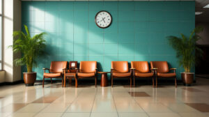 Eine Stuhlreihe in einem Wartebereich, an der Wand hängt eine Uhr.