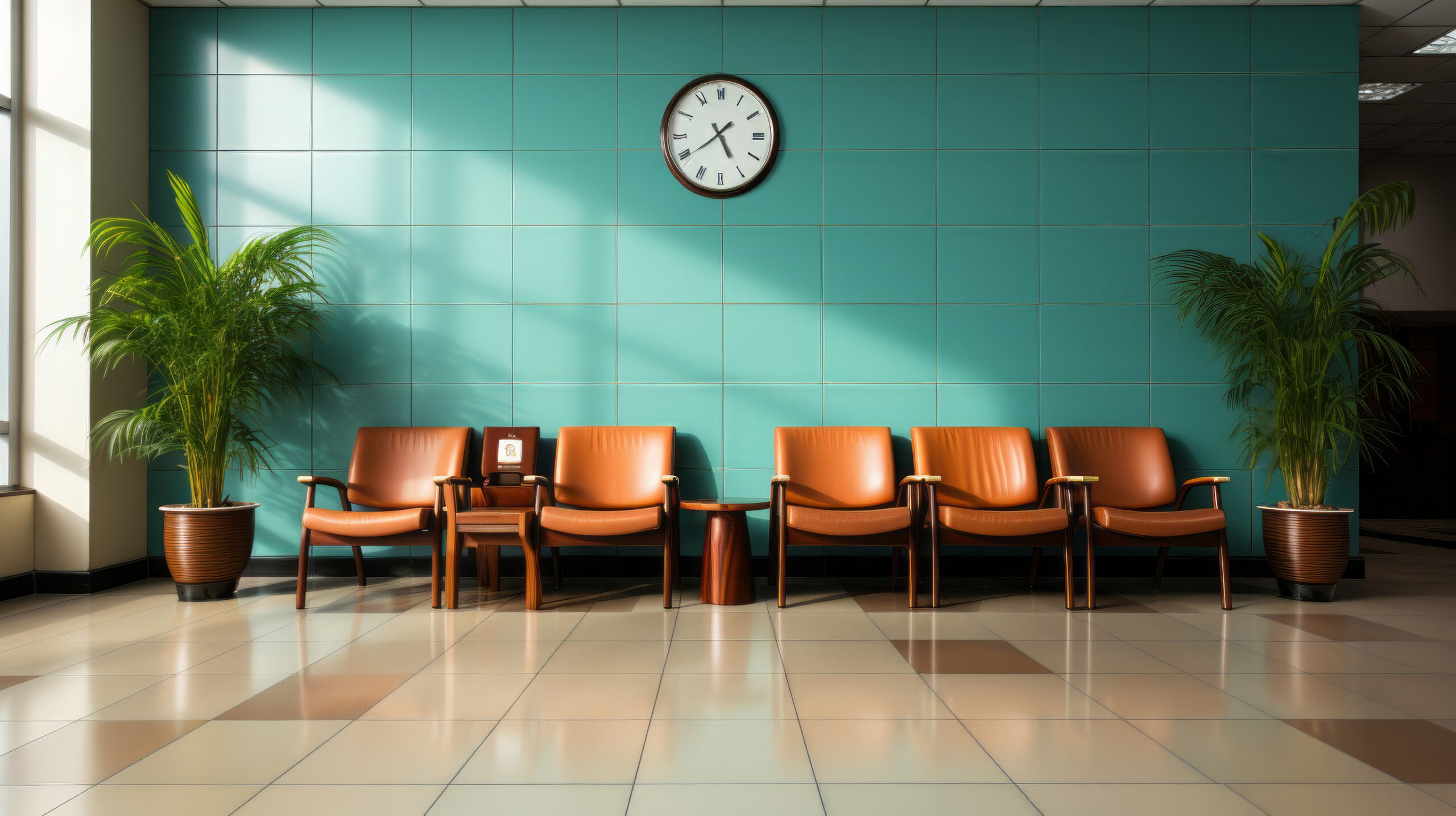 Eine Stuhlreihe in einem Wartebereich, an der Wand hängt eine Uhr.