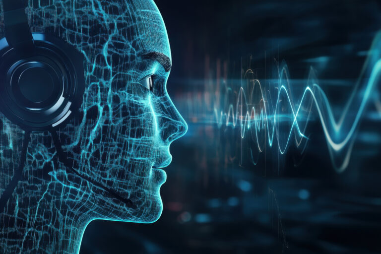 Abstrakte Darstellung einer menschlich aussehenden Künstlichen Intelligenz mit Headset.