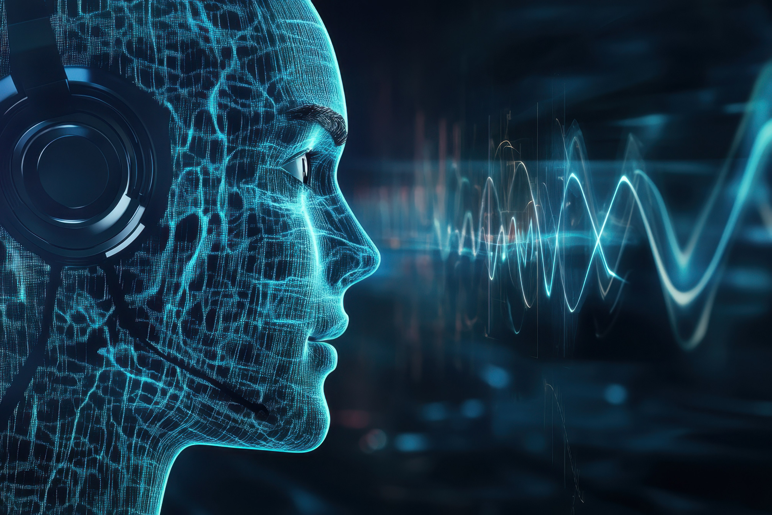 Abstrakte Darstellung einer menschlich aussehenden Künstlichen Intelligenz mit Headset.
