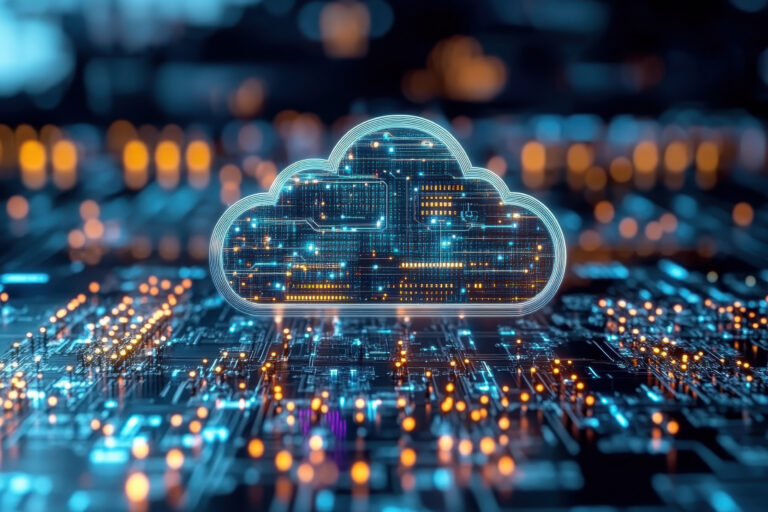 Abstrakte Darstellung einer Wolke, die über Hardware schwebt.