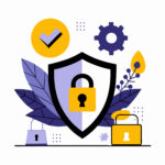 Vektorgrafik die unter anderem ein Schutzschild mit Verriegelungsschloss zeigt.