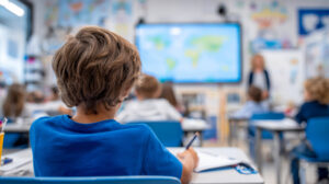 Mehrere Schüler sitzen in einem Klassenzimmer, eine Lehrerin unterrichtet sie mit Unterstützung eines Whiteboards.