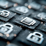 Eine schwarze Tastatur, auf der Symbole für Schlösser und ein Symbol für ein Dokument abgebildet sind.
