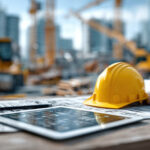 Tisch mit Konstruktionszeichnung, Tablet und gelbem Bauhelm, im Hintergrund ist eine Baustelle zu sehen.