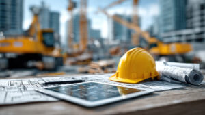 Tisch mit Konstruktionszeichnung, Tablet und gelbem Bauhelm, im Hintergrund ist eine Baustelle zu sehen.