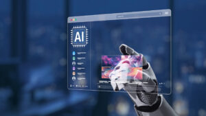 Eine Roboterhand bedient ein Touchdisplay.