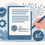 Vektorgrafik einer Hand, die ein Dokument, abgebildet auf einem Tablet, unterschreibt.