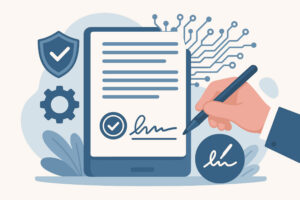 Vektorgrafik einer Hand, die ein Dokument, abgebildet auf einem Tablet, unterschreibt.