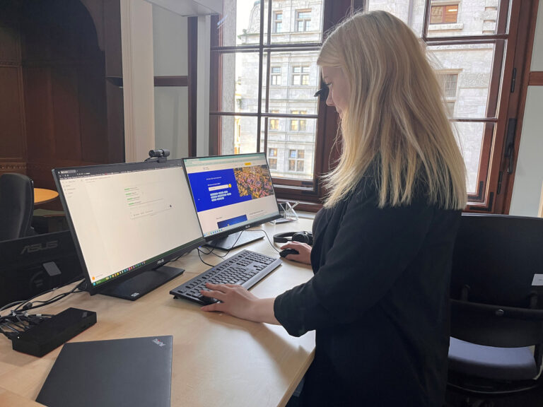 Eine Frau arbeitet an einem Computer.