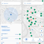 Zwei Screenshots aus er App Park Stark: links die Umkreissuche, rechts Anzeige aller freien bzw. belegten Parkplätze im Stadtgebiet von Mannheim.