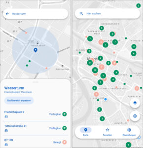 Zwei Screenshots aus er App Park Stark: links die Umkreissuche, rechts Anzeige aller freien bzw. belegten Parkplätze im Stadtgebiet von Mannheim.