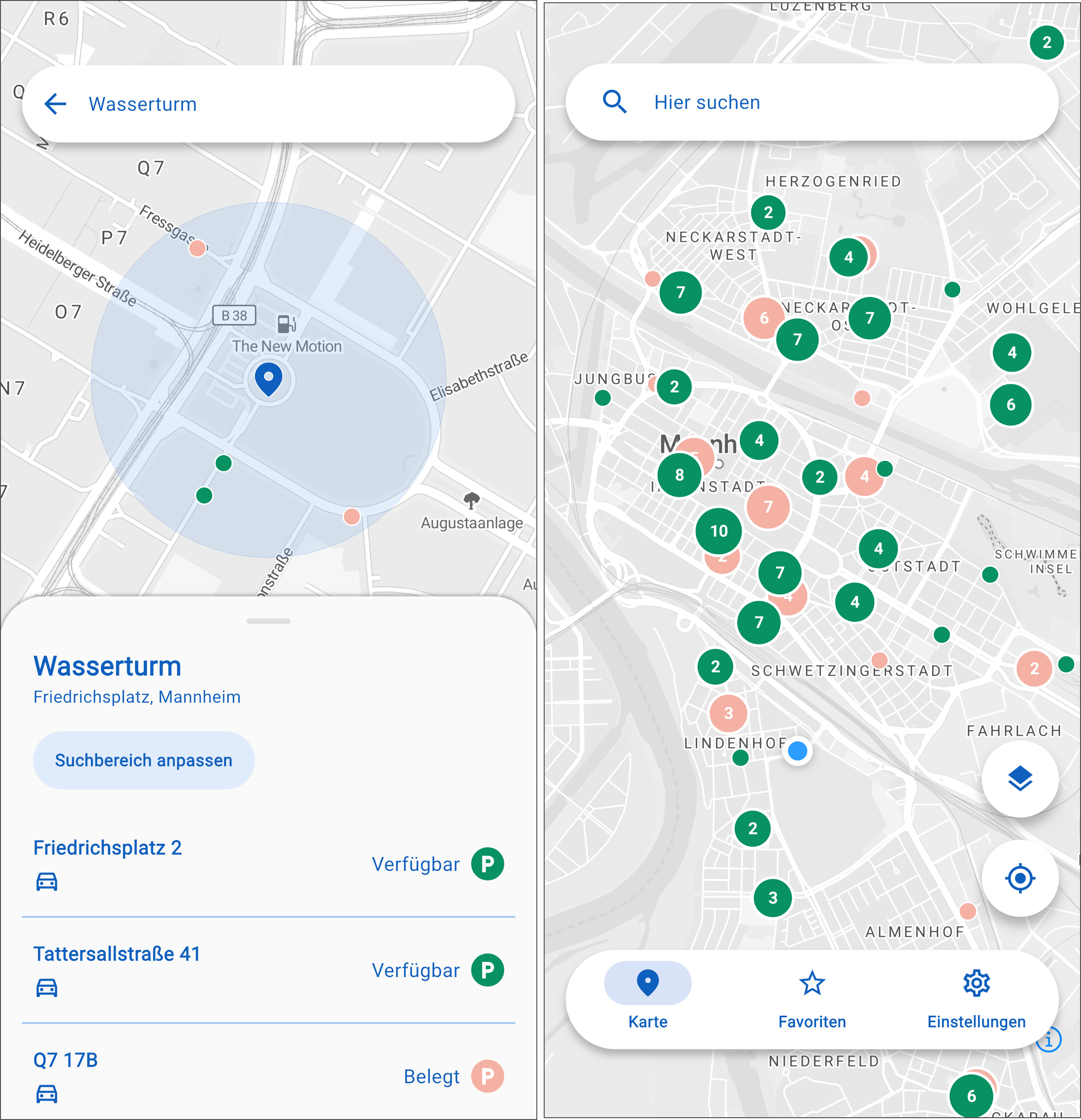 Zwei Screenshots aus er App Park Stark: links die Umkreissuche, rechts Anzeige aller freien bzw. belegten Parkplätze im Stadtgebiet von Mannheim.