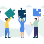 Vektorgrafik: Fünf Personen halten je ein Puzzleteil