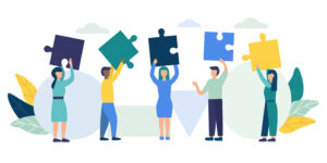 Vektorgrafik: Fünf Personen halten je ein Puzzleteil