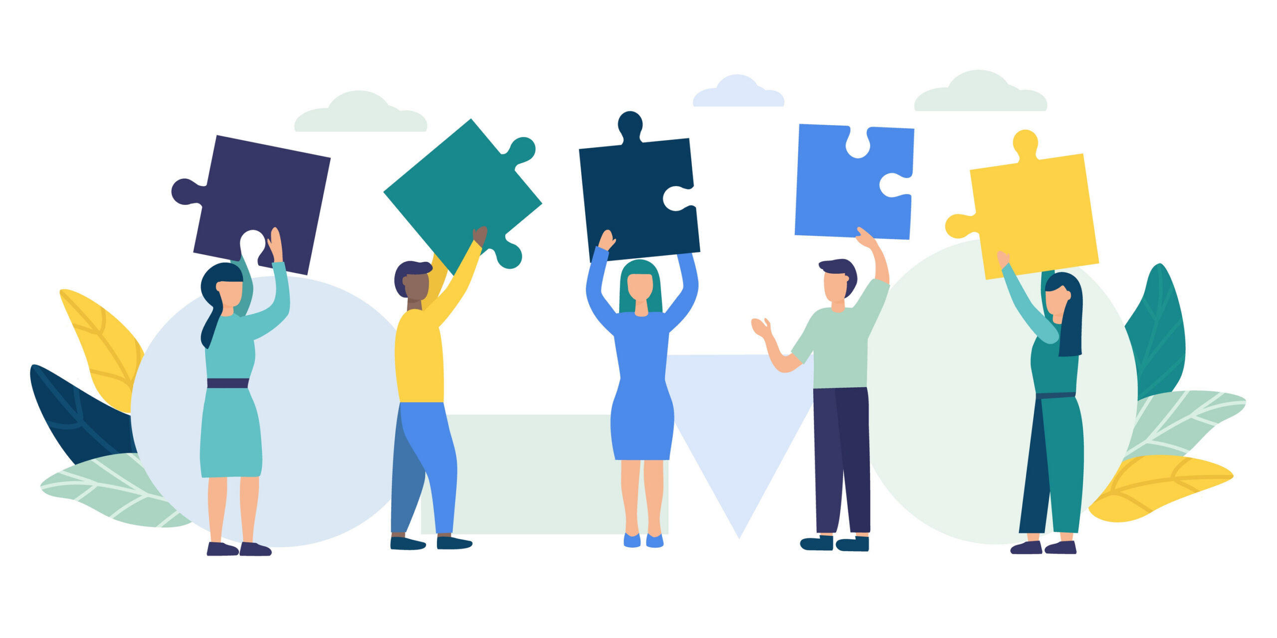 Vektorgrafik: Fünf Personen halten je ein Puzzleteil
