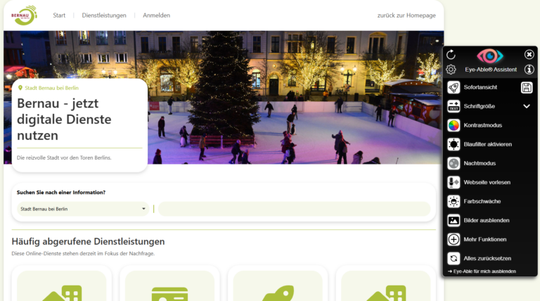 Screenshot der Bernauer Plattform mit eingeblendeten Eye-Able-Einstellungen.