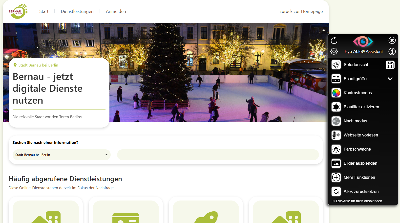 Screenshot der Bernauer Plattform mit eingeblendeten Eye-Able-Einstellungen.