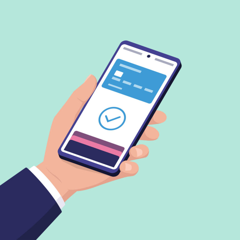 Vektorgrafik einer Person, die ihren Ausweis per Smartphone vorzeigt.