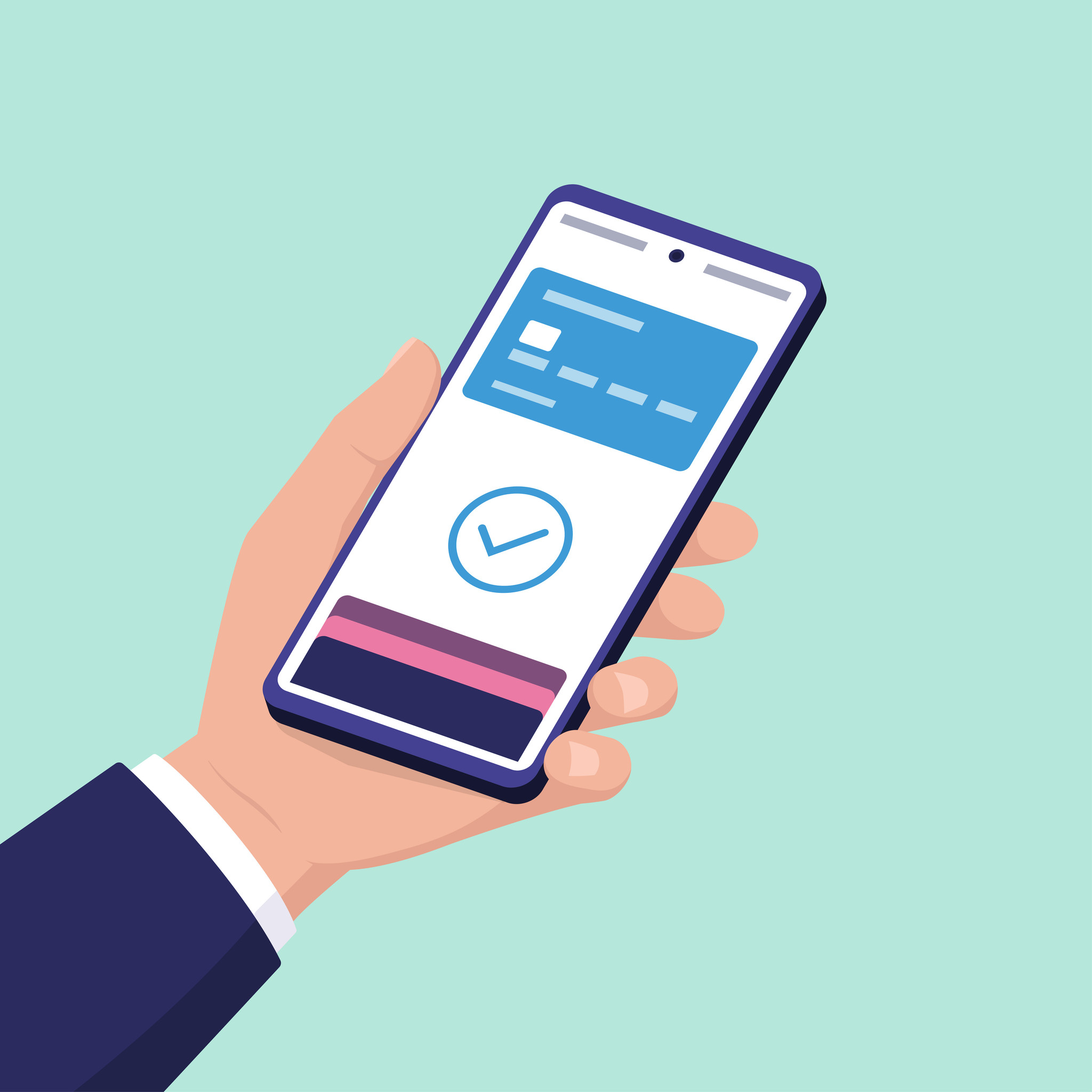 Vektorgrafik einer Person, die ihren Ausweis per Smartphone vorzeigt.