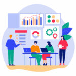 Vektorgrafik, die mehrere Personen zeigt, die gemeinsam an einem Projekt arbeiten.