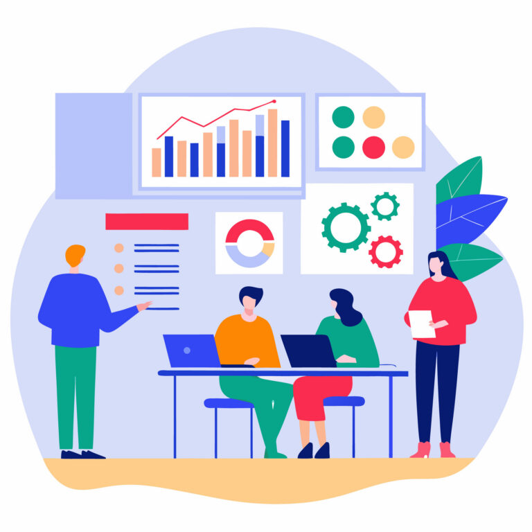 Vektorgrafik, die mehrere Personen zeigt, die gemeinsam an einem Projekt arbeiten.