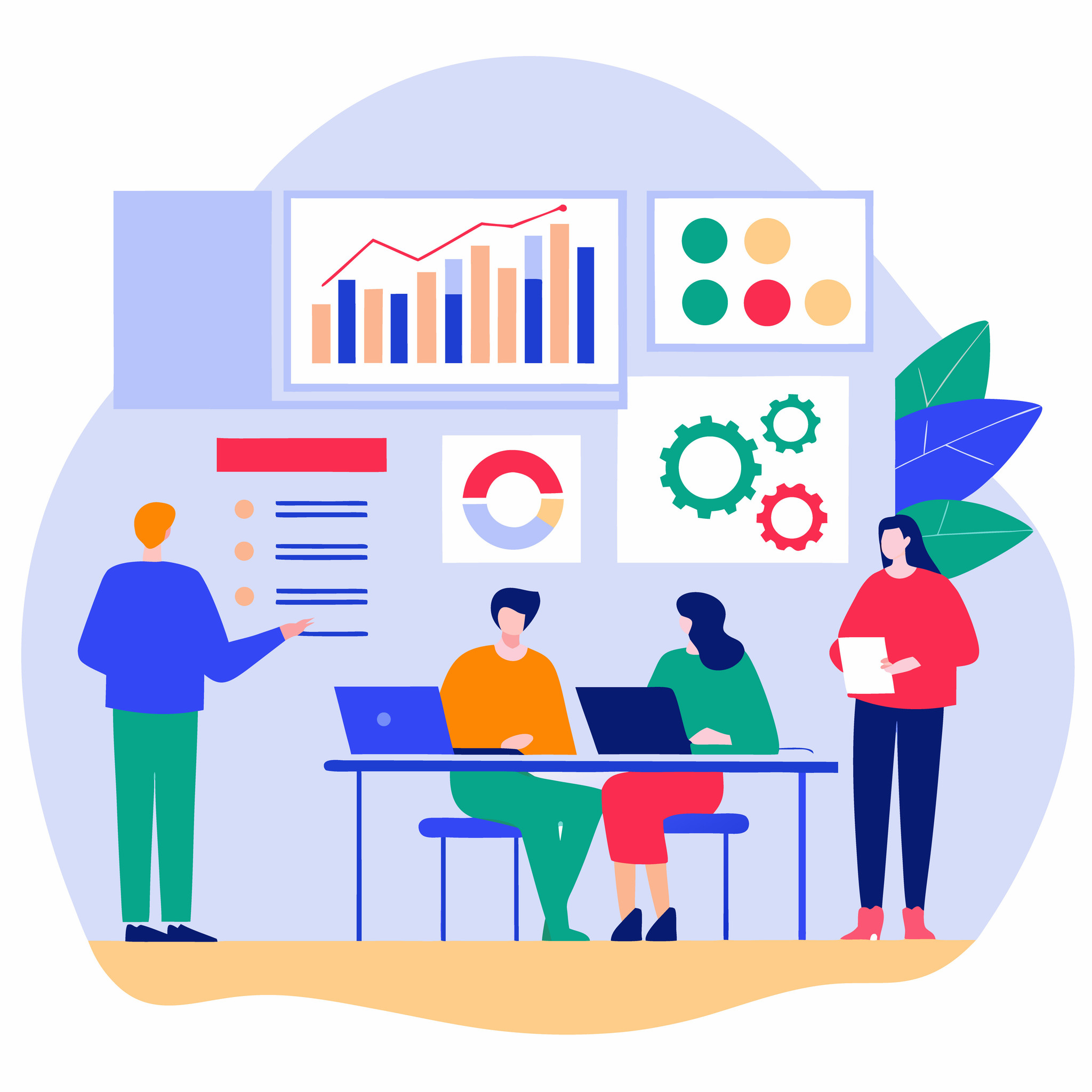 Vektorgrafik, die mehrere Personen zeigt, die gemeinsam an einem Projekt arbeiten.