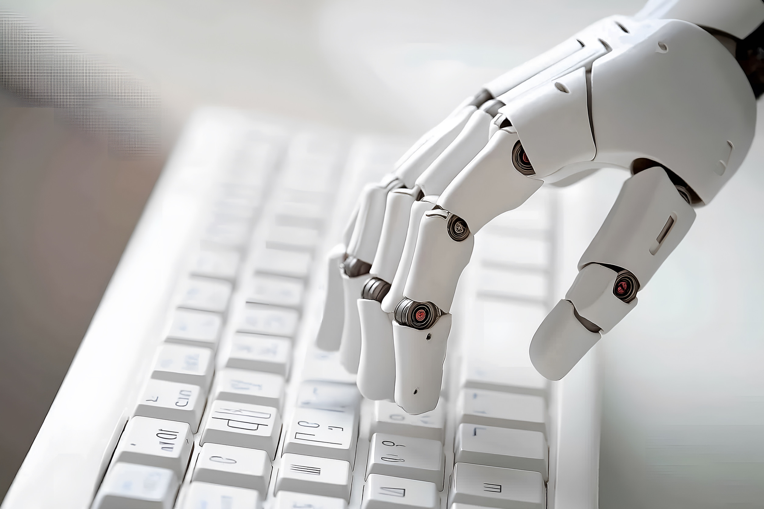 Roboterhand tippt auf einem Computerkeyboard
