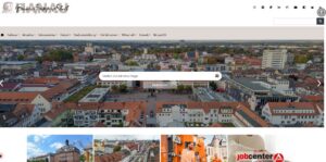 Screenshot der Hanauer Startseite mit zentral platziertem Suchfeld des Chatbots HUgo.