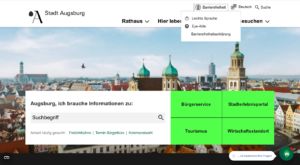 Screenshot der Startseite von Augsburg.de mit eingeblendetem Barrierefreiheit-Menü.