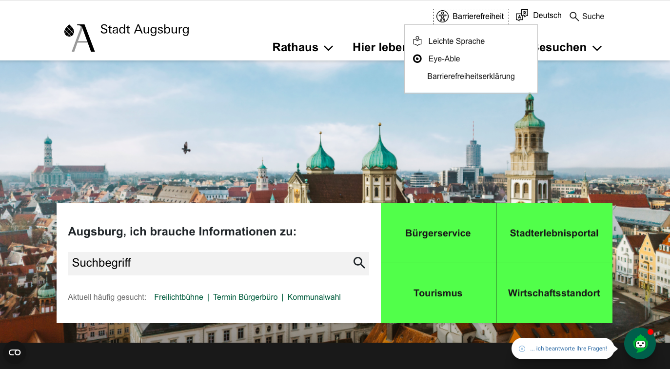 Screenshot der Startseite von Augsburg.de mit eingeblendetem Barrierefreiheit-Menü.