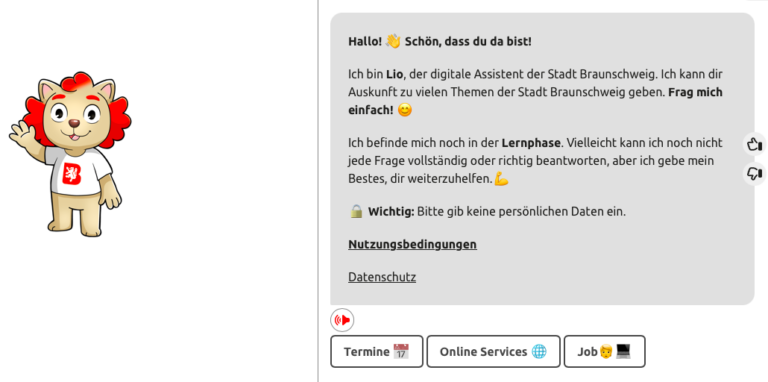 Screenshot von Chatbot Lio, der als Löwe dargestellt wird.
