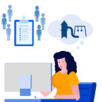 Vektorgrafik, die eine Person zeigt, die am Desktop-Rechner eine Umfrage zu Spielplätzen beantwortet.