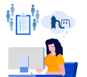 Vektorgrafik, die eine Person zeigt, die am Desktop-Rechner eine Umfrage zu Spielplätzen beantwortet.