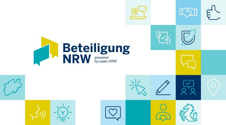 Blau-Grün-Weißes Logo von Beteiligung NRW mit verschiedenen farbigen Quadraten und kommunikationsbezogenen Icons (Stift, Monitor, Sprechblase usw.)