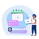 Vektorgrafik einer Frau mit Laptop in der Hand, im Hintergrund ist ein Kalender zu sehen.