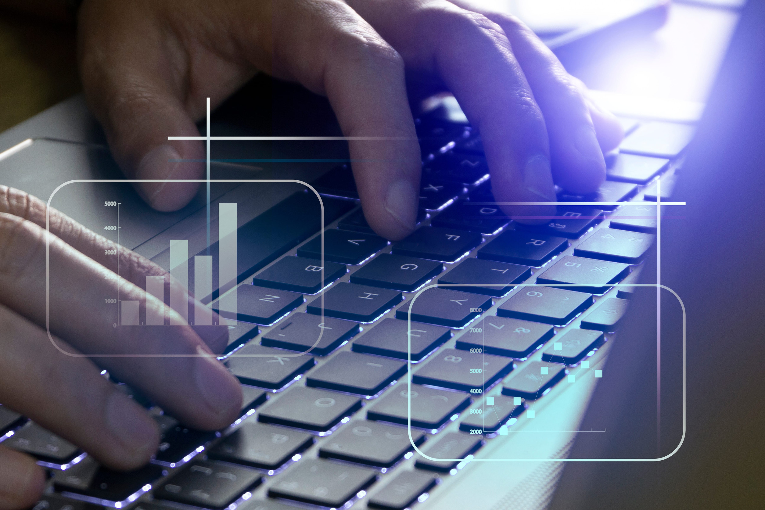 Eine Person arbeitet an einem Laptop mit Diagrammen.