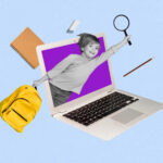 Collage eines jungen Schülers in Schwarz-Weiß, der einen Rucksack und eine Lupe hält, vor einem Notebook-Bildschirm, isoliert auf farbigem Hintergrund.