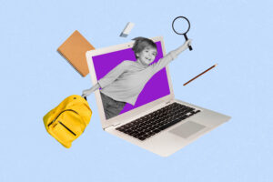 Collage eines jungen Schülers in Schwarz-Weiß, der einen Rucksack und eine Lupe hält, vor einem Notebook-Bildschirm, isoliert auf farbigem Hintergrund.