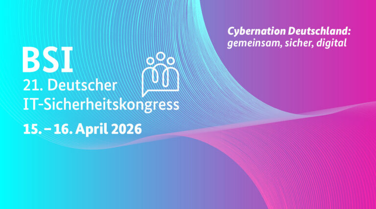 Key Visual für den BSI-Sicherheitskongress in Türkis und Pink mit weißer Schrift