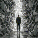 Blick von hinten auf eine männliche Figur im Anzug, die in einem Tunnel aus Papieren steht, am Ende des Tunnels ist Licht.