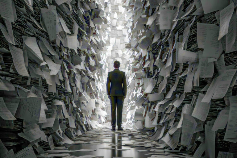 Blick von hinten auf eine männliche Figur im Anzug, die in einem Tunnel aus Papieren steht, am Ende des Tunnels ist Licht.