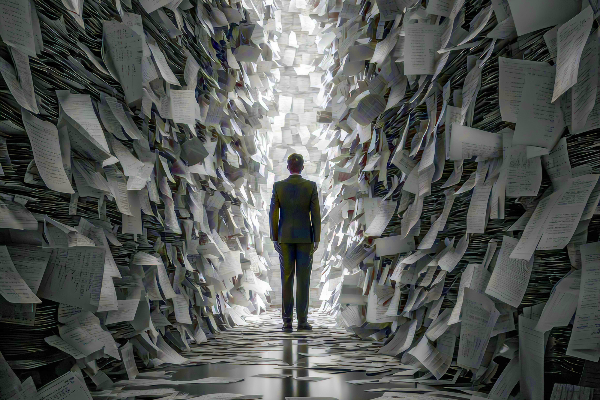 Blick von hinten auf eine männliche Figur im Anzug, die in einem Tunnel aus Papieren steht, am Ende des Tunnels ist Licht.