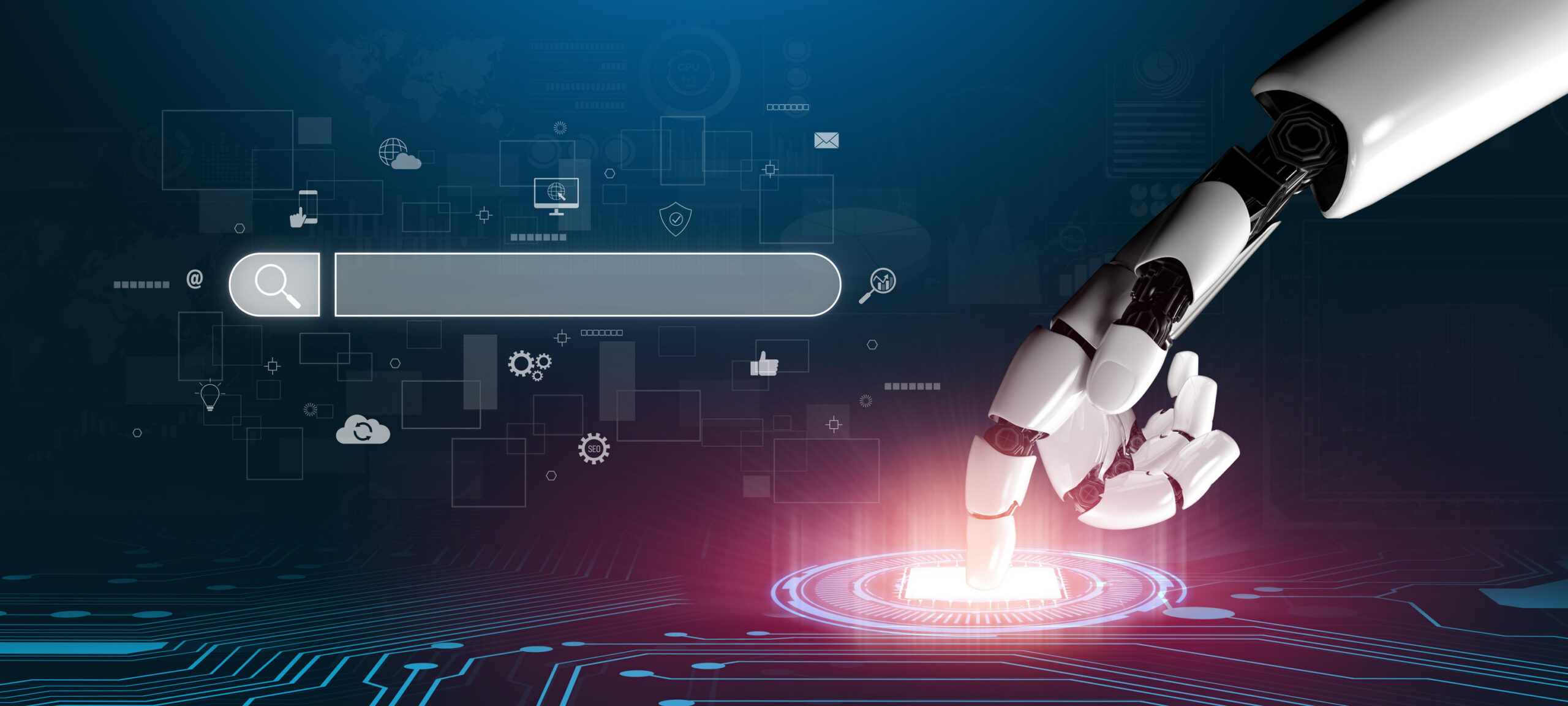 Eine Roboterhand aktiviert einen Punkt auf einer Festplatte, im oberen Bildbereich ist ein Suchfeld eingeblendet.