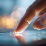 Finger tippt auf einem Smartphone, im Hintergrund Bokeh-Effekte