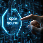 Abstrakte Darstellung einer Hand, die einen Open-Source-Schriftzug antippt.