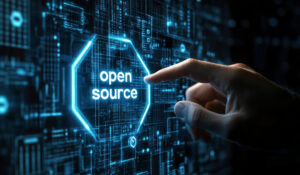 Abstrakte Darstellung einer Hand, die einen Open-Source-Schriftzug antippt.