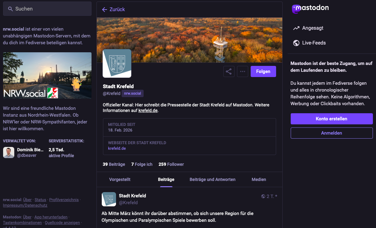Screenshot des Krefelder Kanals auf Mastodon.