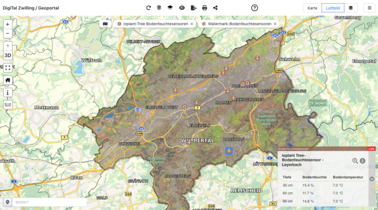 Screenshot des DigiTal Zwilling Wuppertal mit den eingeblendeten Bodenfeuchtedaten.